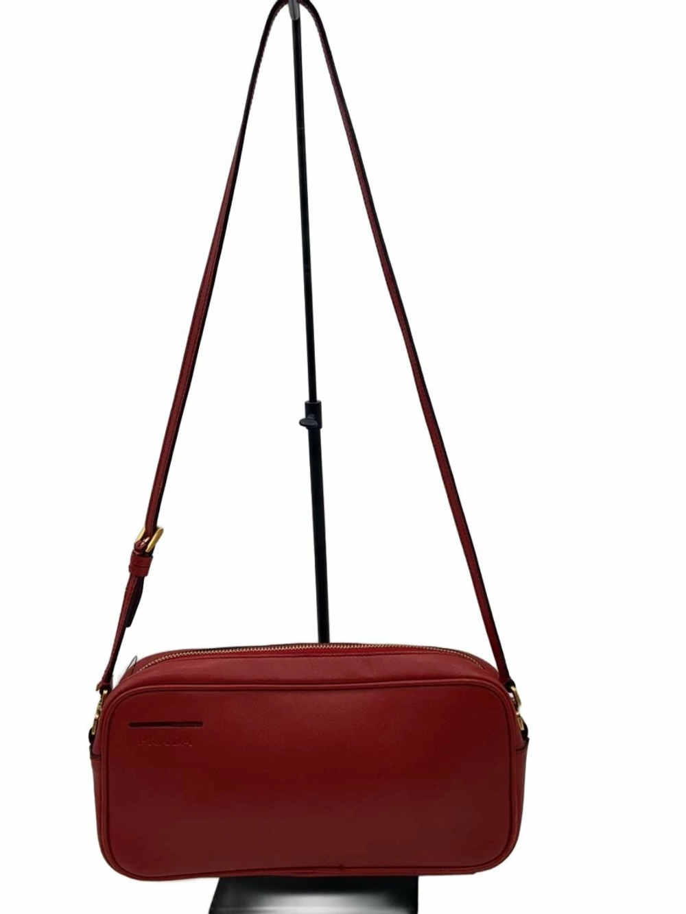 Prada camera bag sleek leather adjustable shoulder strap Red